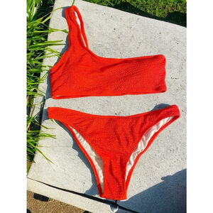Size XL One Shoulder Two Piece Mid Waist Red Ribbed Bikini Set Size XL 18891